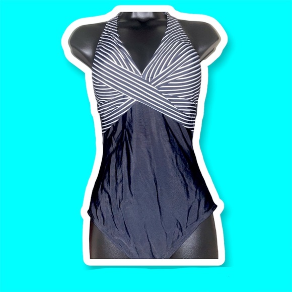 Figleaves Tailor Halter Twist Front Tummy Control Stripe Swimsuit - Picture 6 of 9